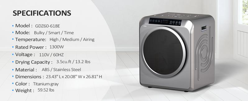 ROVSUN 13.2LB Portable Clothes Dryer, 3.5 Cu.Ft High End Front Load Tumble Laundry Dryer with LCD Touch Screen, Stainless Steel Tub for Apartment, Home, Dorm-110V, Luxury Grey Appliances