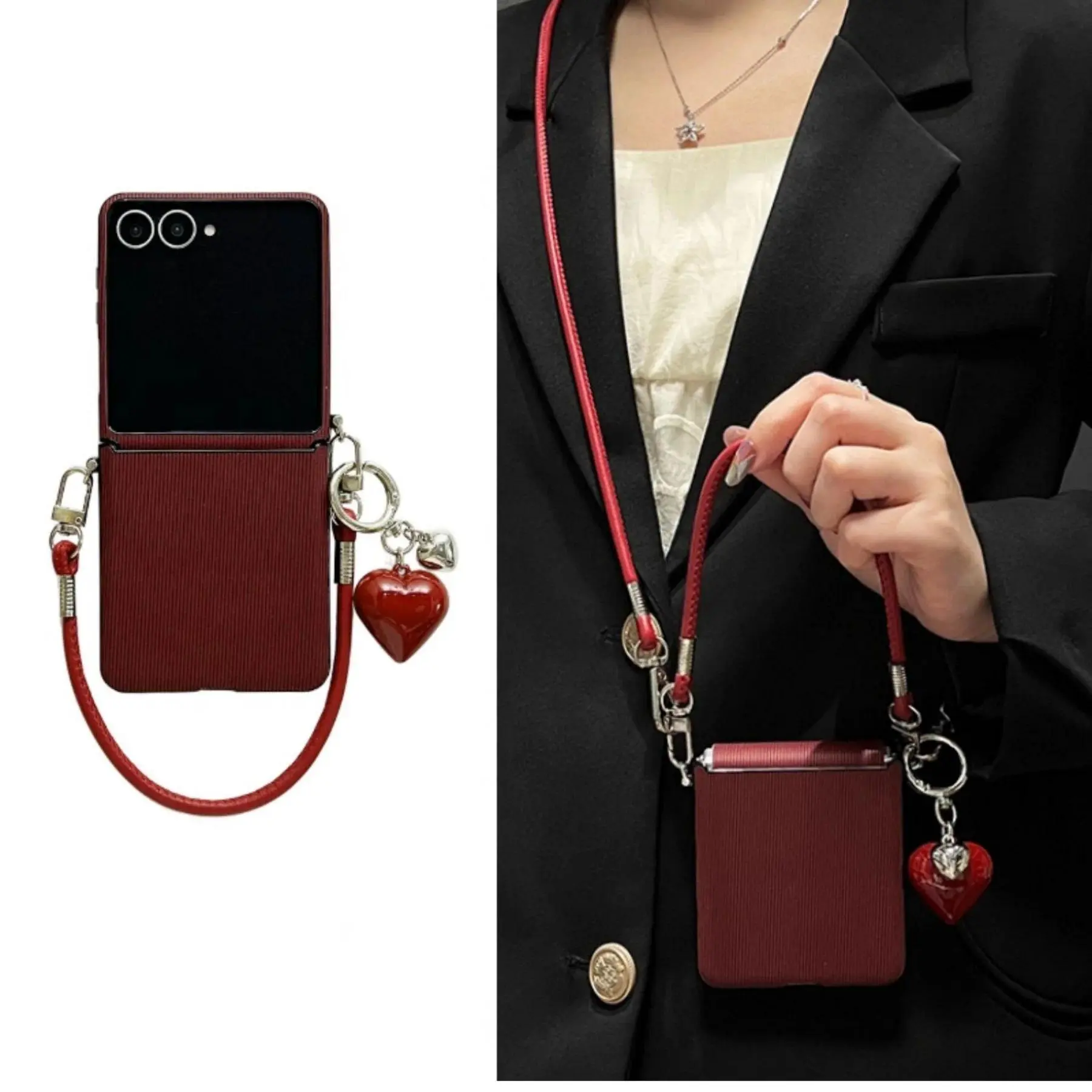 Korean Luxury Wine Red Toothpick Pattern Heart Pendent Rope Case For Samsung Galaxy Flip8 7 6 5 Motorola Razr70 60 50ultra Cover