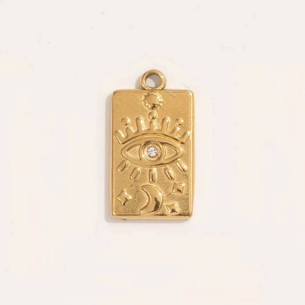 Vintage Boho Unisex Rectangle Shape Tarot Charm Pendant, Gold Metal with Multicolor Rhinestones, Moon Star Eye Motif for DIY Jewelry Making (Bracelet, Necklace) Handcraft Gifts, Unisex Charm
