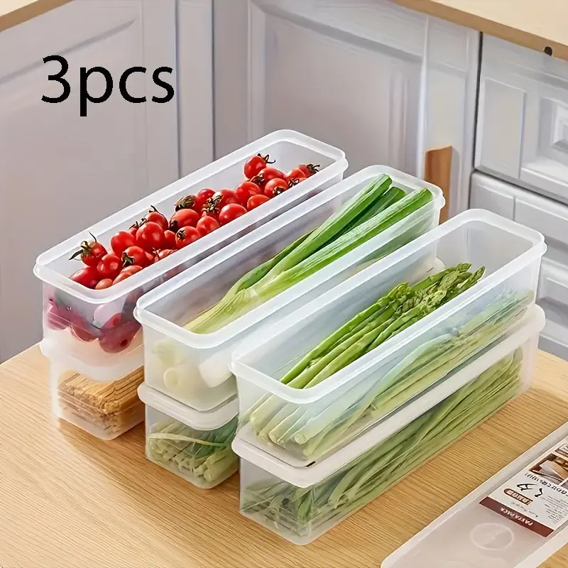 3-Piece Set Transparent Rectangular Stackable Food Storage Containers with Lids, Kitchen Organizer, Food-Grade PP Material, Ideal for Noodles, Herbs, Onions, Pasta