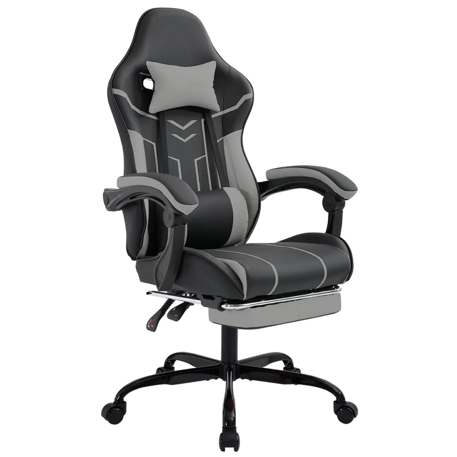 Top-Grade Leather Ergonomic High-Back Gaming Chair for Adults - Quilted Stitching, 330lb Capacity, Massage Lumbar Backrest, Footrest, Single-Person Computer Office Chair, Black-Gray