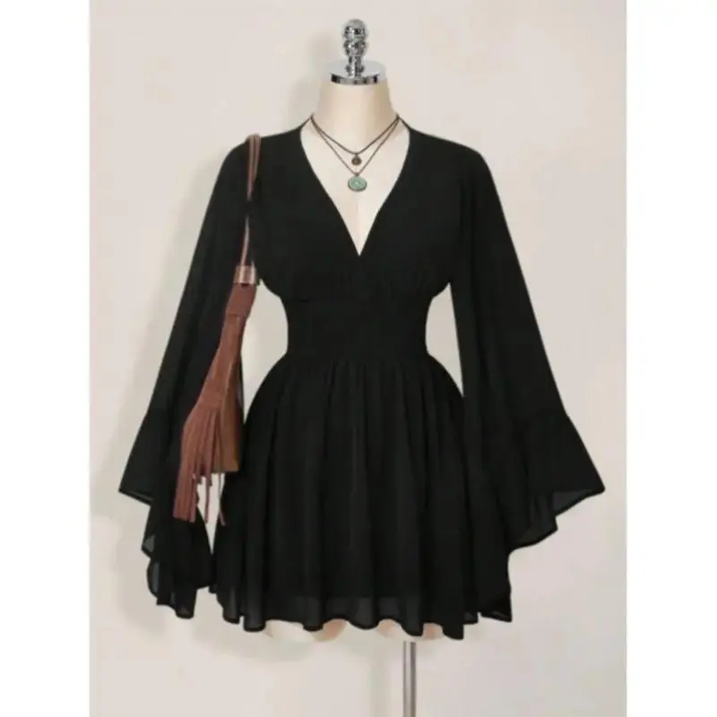 Women's Gothic V-Neck Mini Dress, Casual PVC Fabric Outfit with Long Lantern Sleeves and Flared Skirt, Short Dress, Long Sleeves