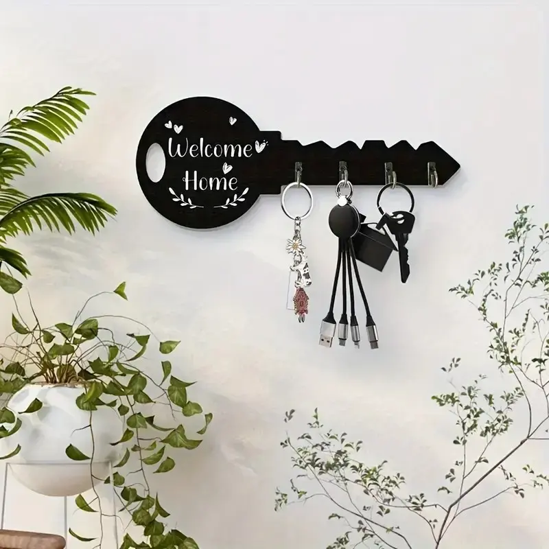 Welcome Home Key Shape Wall Hook, Wooden Key Rack with Metal Hooks, Decorative Entryway Organizer, Kitchen, Office Wall Decoration, Hook Design, Decoration Items