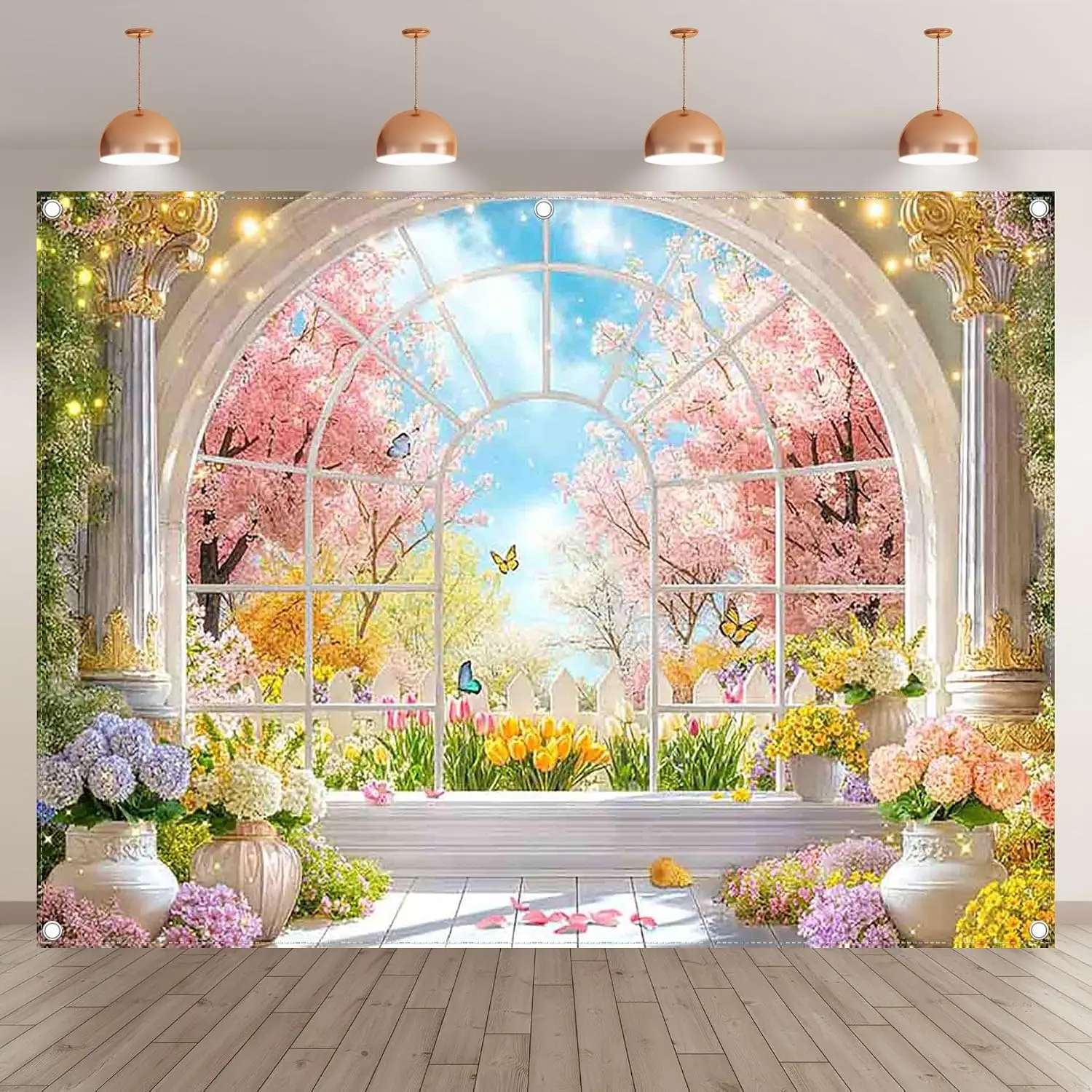 2D Falt Fabric Spring Window Scenery Photography Backdrop Pink Cherry Blossom Blooming Flowers Natural Garden Background Girls Women Bridal Party Decorations Photo Props