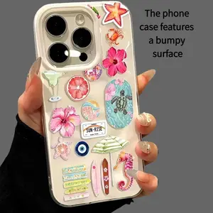 Foldable Textured Soft Cellphone Casing for iPhone 11-17, Pro Max, 14/15 Plus - Ocean Flower, Seahorse, Turtle, DG Meteorite Prints - White, Blue, Pink, Yellow Protective Cover for Handheld Devices, Stylish Gift Phone Accessories，stylish gift