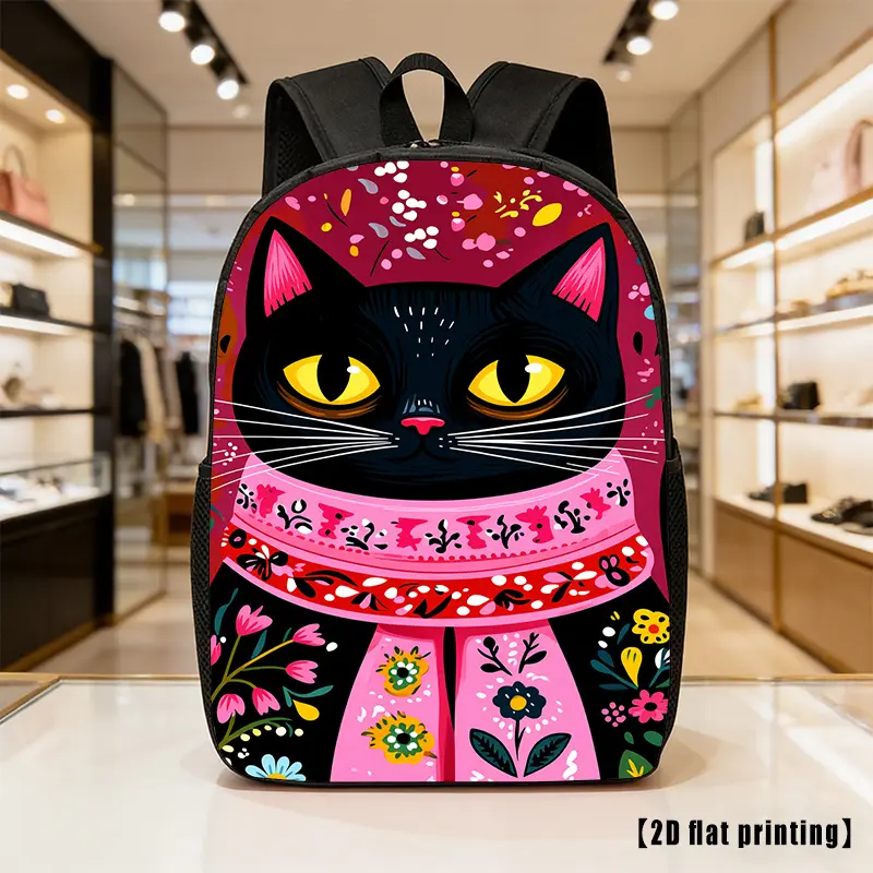 Black Cat with a Scarf, Lightweight, Large-capacity Unisex Backpack with Adjustable Shoulder Straps, Side Pockets, Suitable for Casual Wear, Commuting, and Multiple Uses. Ideal for Hiking, Mountaineering, and Adventure, as Well as as a Laptop Bag.