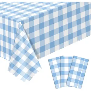 3 Pack Blue Gingham Tablecloths 54 X 108Inch Scalloped Blue and White Checkered Disposable Tablecloth for Baby Bridal Shower Picnic Camping Birthday Barbecue Tea Party Wedding