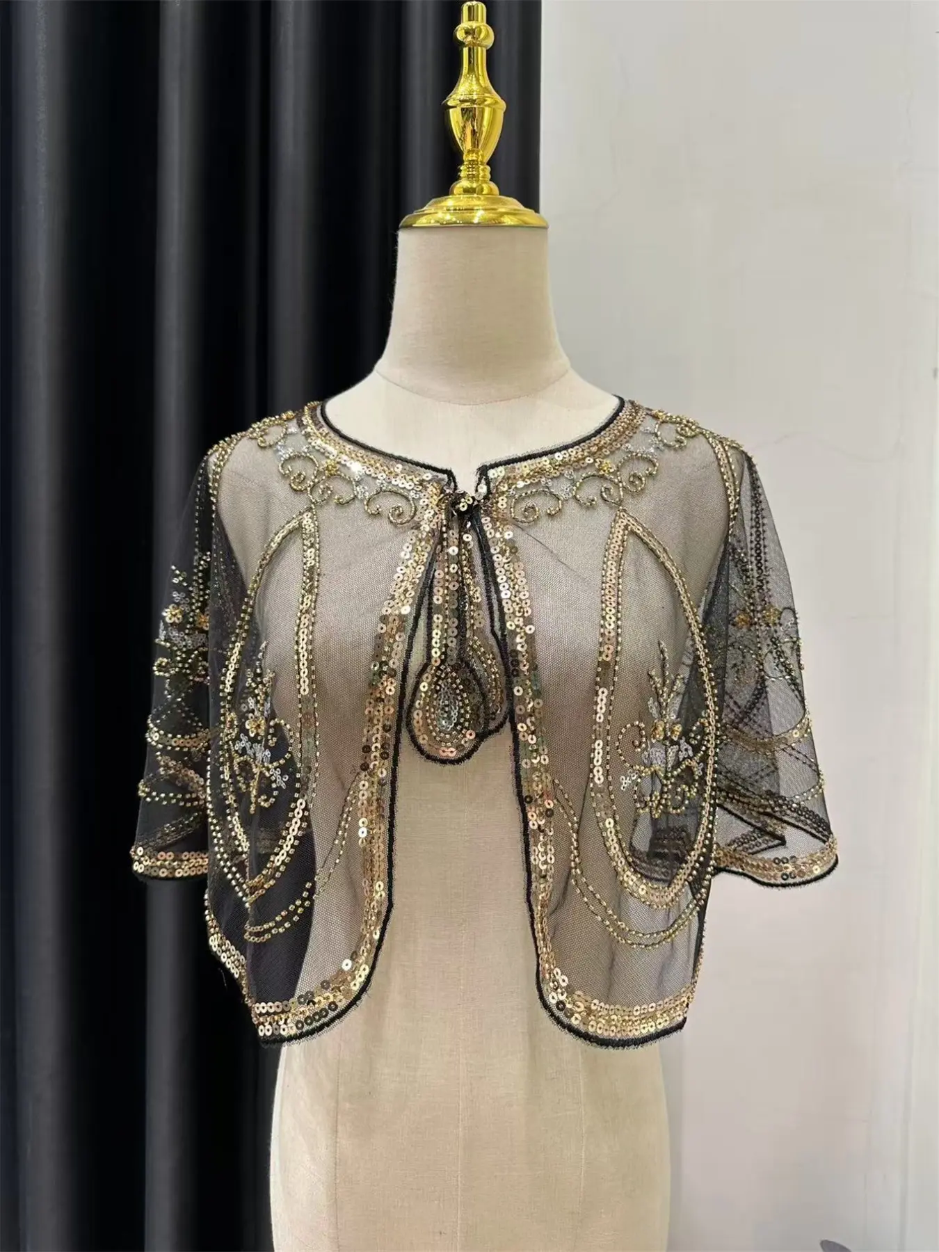 Vintage Bow Small Flower Embroidery Sequin Bead Champagne Color Shawl, Sparkling Cape Elegant Style Short Women's Party Cape