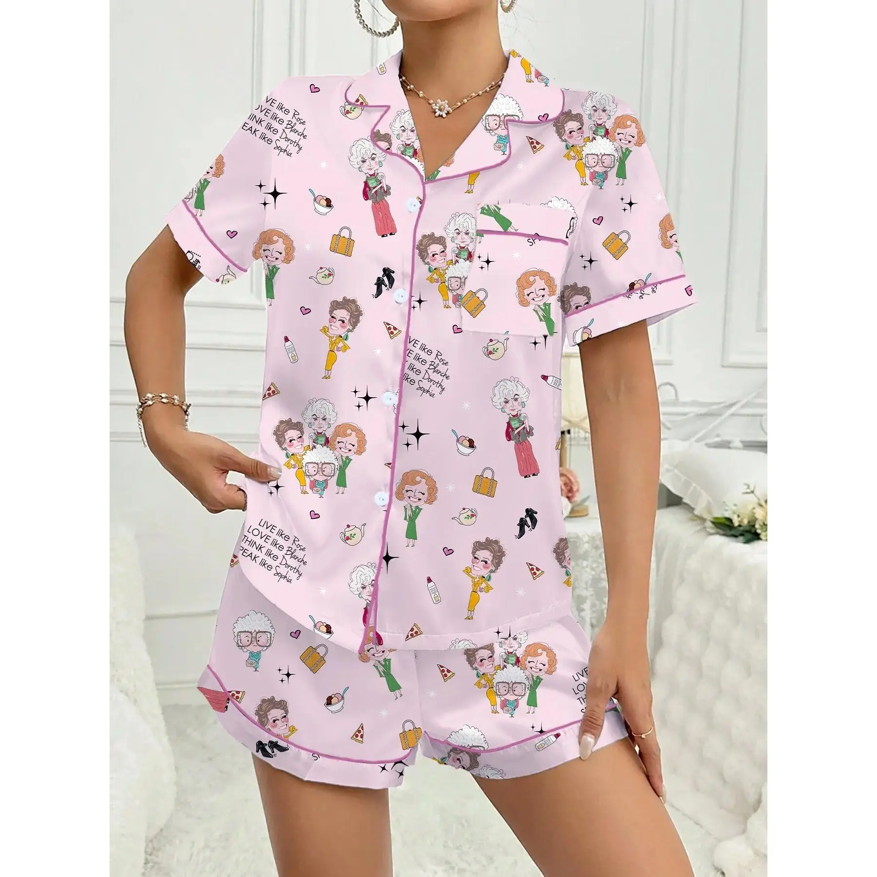 Womens Golden Girls Character Print Pajama Set Short Sleeve Lapel Top and Shorts Soft Comfortable Matching Sleepwear Loungewear Cozy Nightwear for Home Relaxation