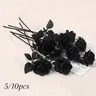 5pcs/10pcs Artificial Black Roses | Plastic Fake Flowers, Long Stem, for Halloween, Home Decor, Wedding Party, Gothic Goth Decor, Artificial Rose Bouquet, Artificial Flower Decorations