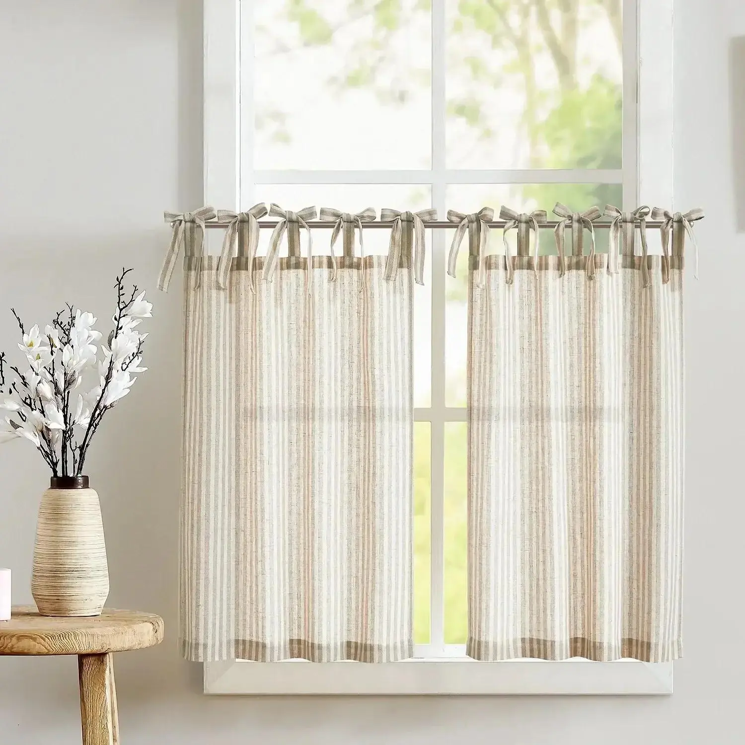 Tie-Top Striped Linen Kitchen Curtains, Breathable Window Treatments for Bedroom, Camper, Cabinets, Tumble Dry Low Compatible