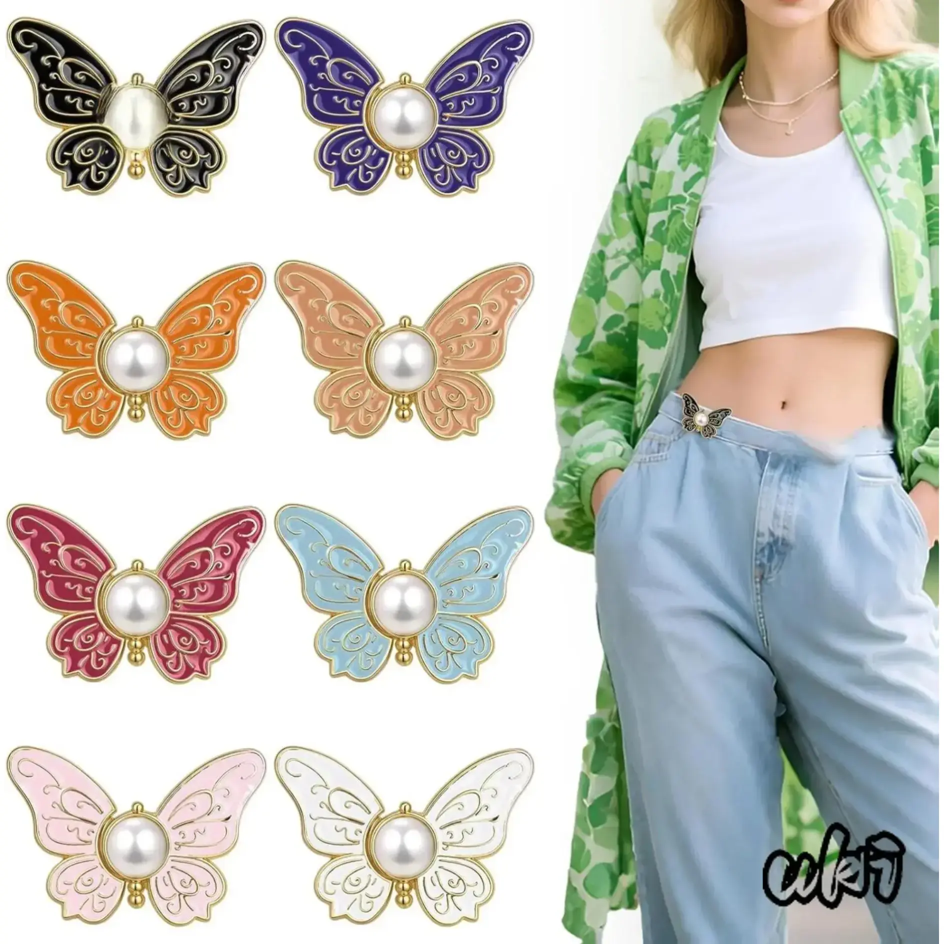 8 Pack Butterfly Metal Jean Buttons, Decorative No-Sew Waist Tightener, Detachable Pins to Resize Loose Denim for a Tailored Fit, Easy To Attach And Detach, Resizes Loose Denim Pants, Button Accented, Casual Wear, Waist Adjuster