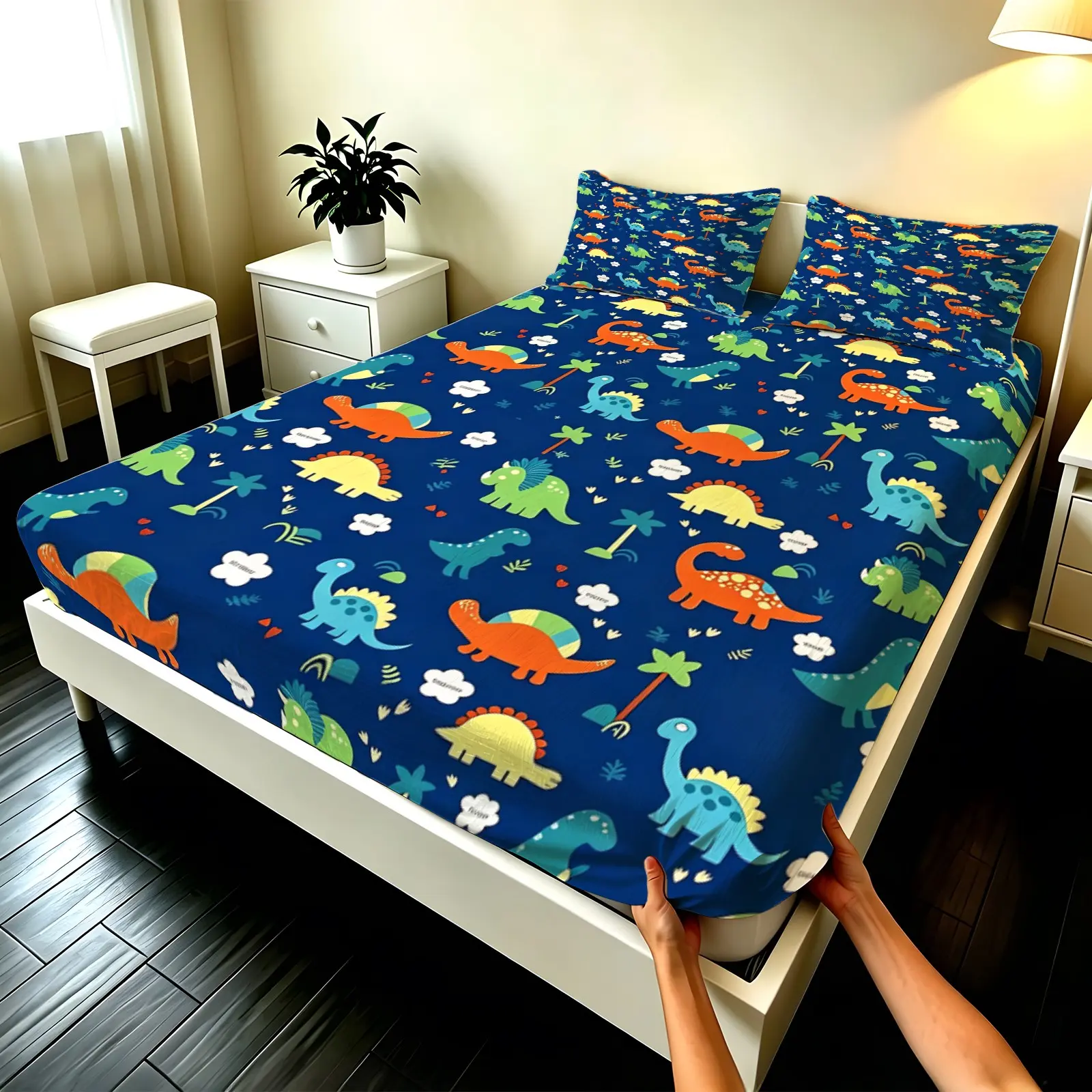 3pcs Fitted sheet Dinosaur Printed Microfiber Bedding Set, Bed Sheets Set, Ultra Soft Breathable Wrinkle Resistant Fade Proof Durable, Fit for Twin Full Queen King Size, Ideal for Bedroom Guest Room Home Use