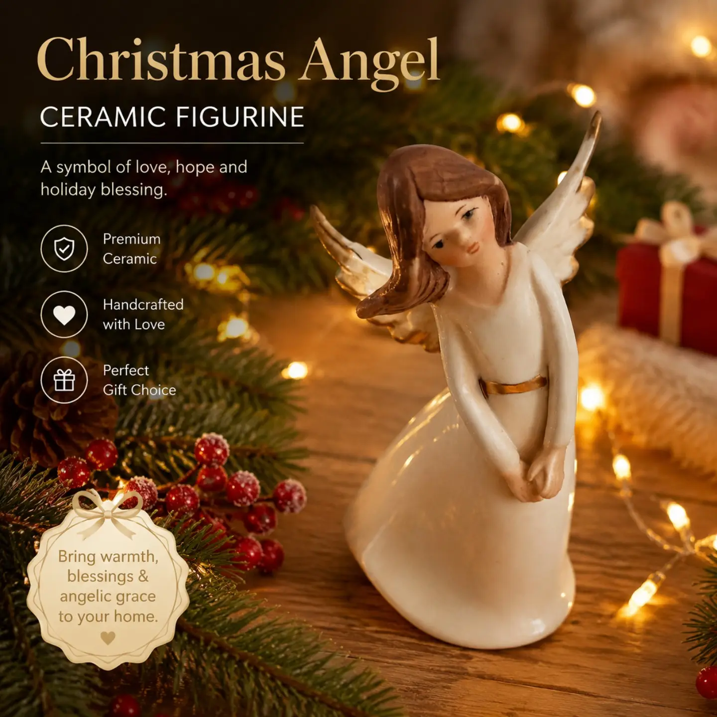Elegant Hand‑painted Ceramic Christmas Angel Figurine, Vintage Porcelain Angel Statue Ornament, Premium Handcrafted Holiday Mantel Shelf Tabletop Home Decor, Cozy Winter Desktop Centerpiece, Ideal Xmas Gift, Thanksgiving New Year Housewarming Present, Aes