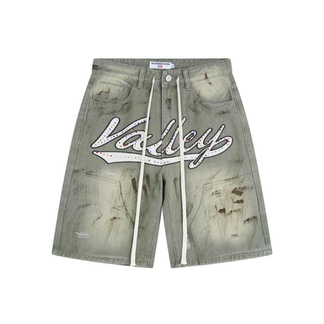 Vale Sports Valley Dreams Vintage Washed Distressed Print Full Rhinestone Bling Diamond Harajuku Letter Embroidery Baggy Denim Shorts European American Hip Hop Y2K Streetwear Loose Knee Length Casual Sparkly Trendy Jeans Shorts For Men Unisex