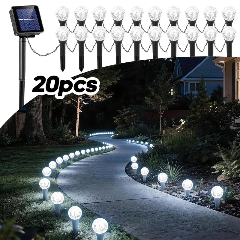20pcs Solar Lawn Crystal Ball Lights, Pathway Lights, Smart Light Sensor, 8 Modes, Decorative Solar Lights Outdoor, Ideal for Camping, Weddings, Parties, Garden Decor, Holiday Decor