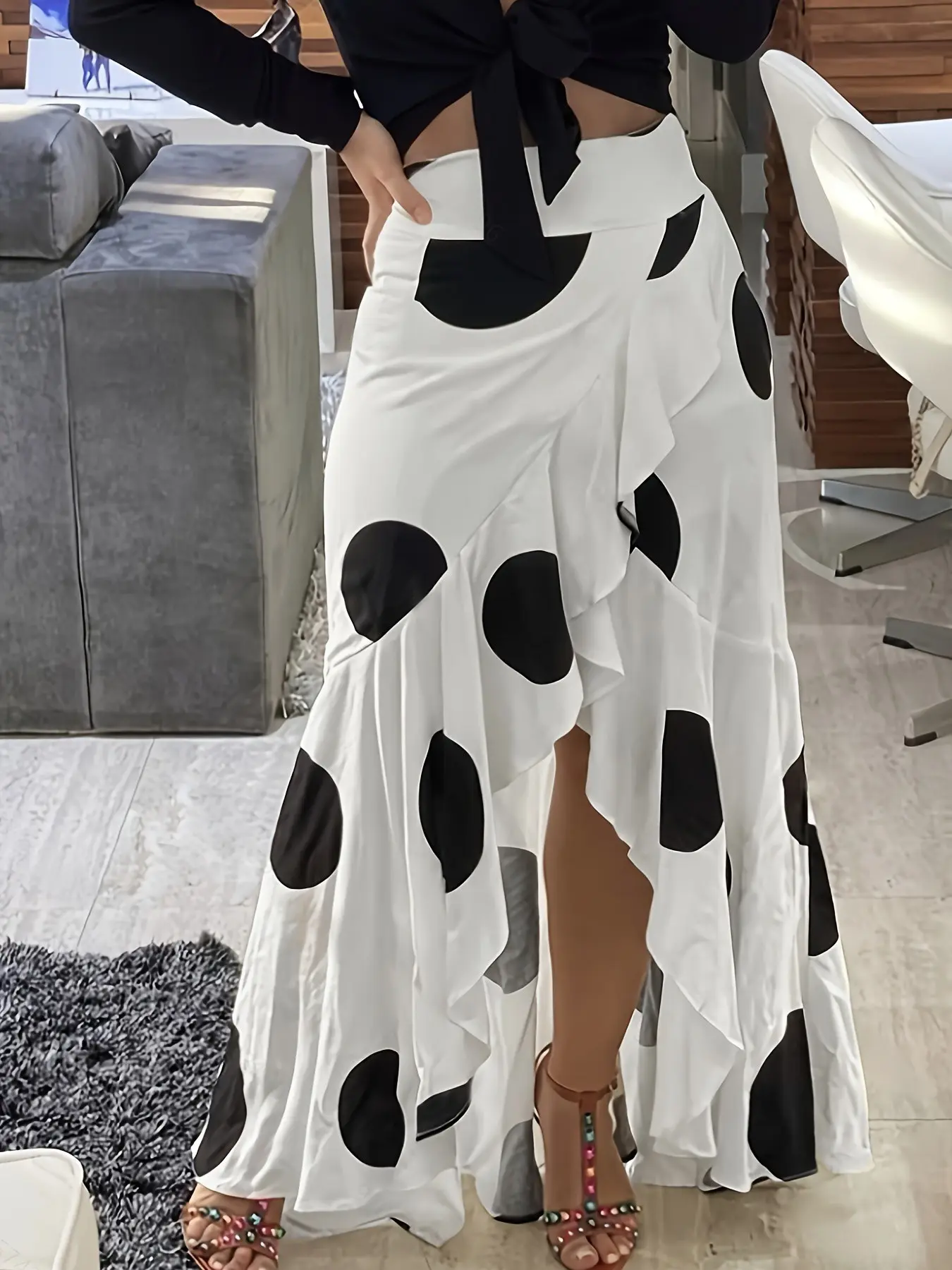 1 Piece Women High Waist Fit Big Black Polka Dot Midi Maxi Skirt, Asymmetric Front Slit Cascading Ruffle Irregular Hanky Hem Flowy Draped Vacation Long Skirt