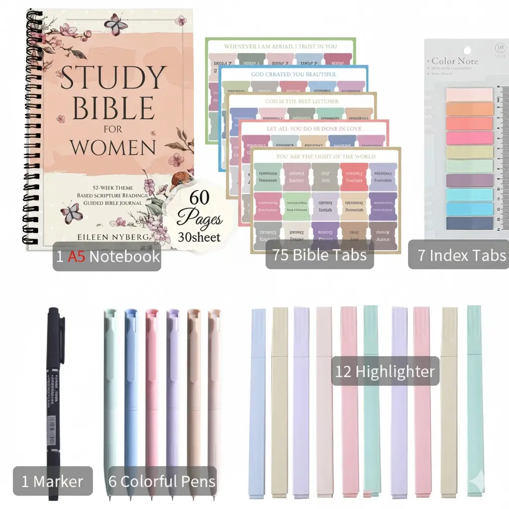 26-Piece Women's Bible Study Set, A5 Spiral Notebook, Highlighter, Colored Pencils, Gel Pens, Index Tabs, Sticky Notes, Christian Gift Kit, Stationery Set