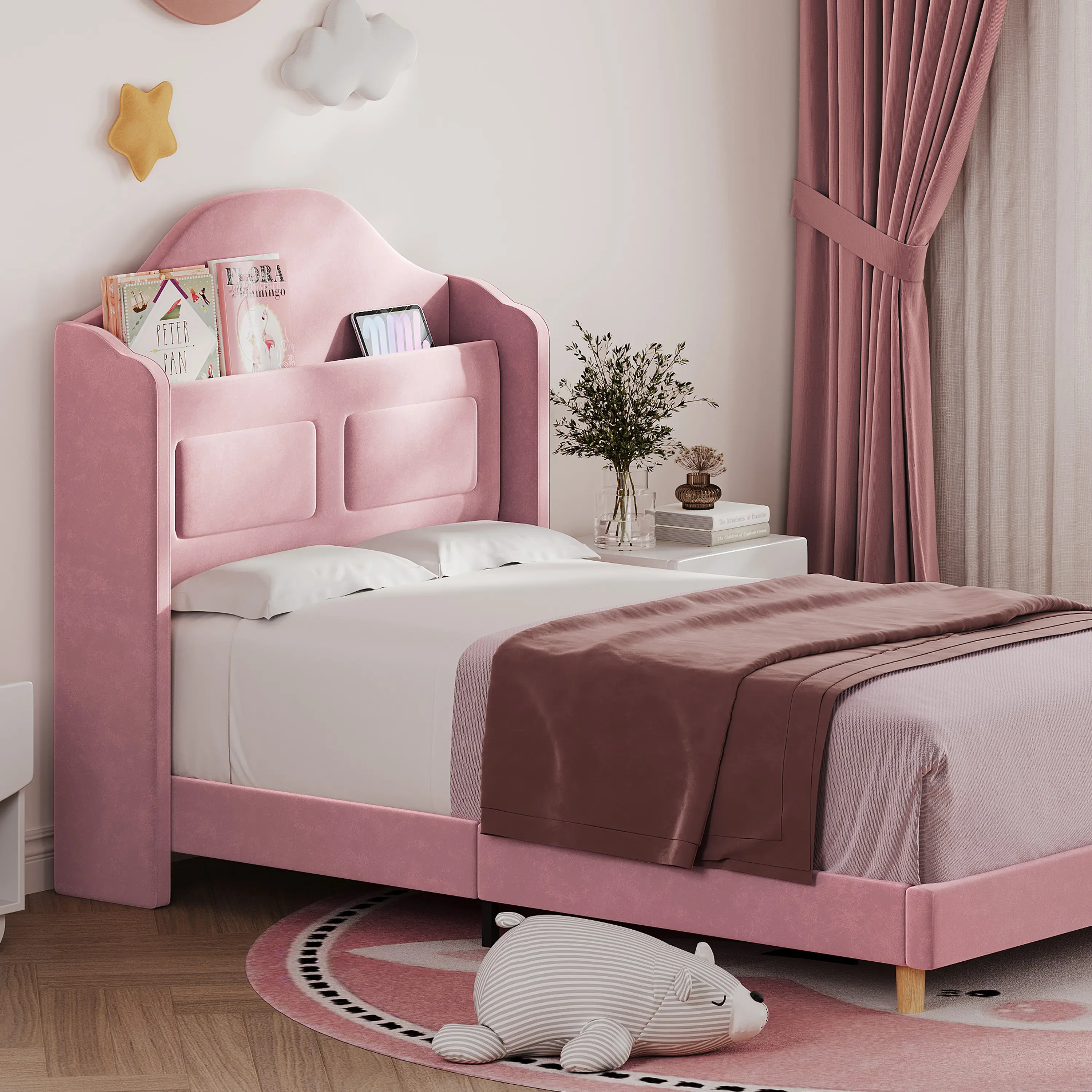 Gaomon Twin Size Velvet Platform Bed Frame - LED Light & Storage Headboard, Sturdy Slats, No Box Spring Needed, Solid Wooden Support, Twin Size Bed