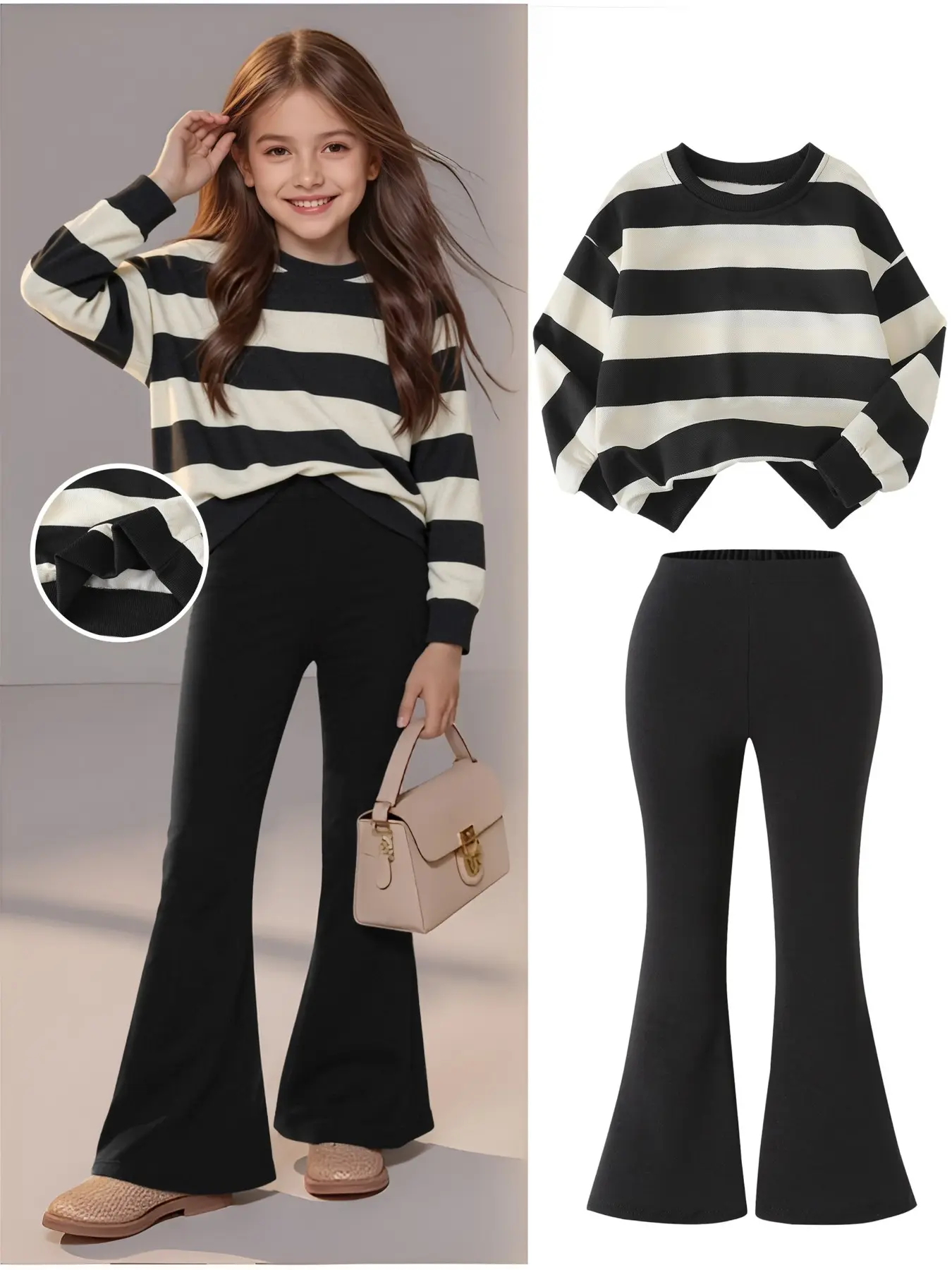 Girls' Striped Sweatshirt Outfit Set with Bell Bottoms, Casual Loose-Fit Graphic, Spring & Fall Fashion Two-Piece Ensemble