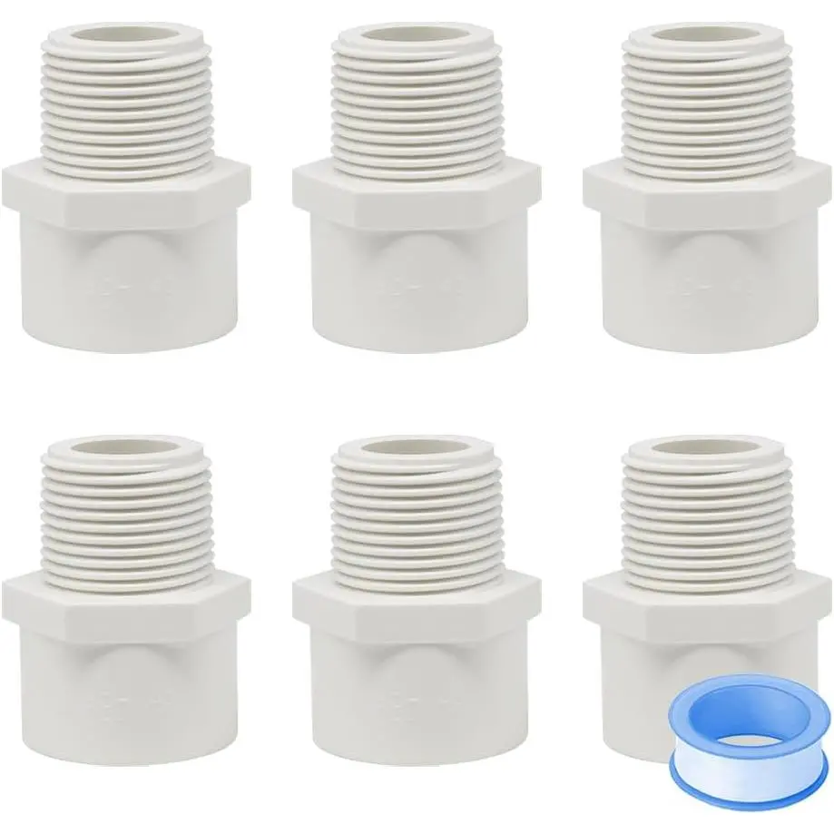 6 count 1 Inch PVC Coupling Fittings White Slip to Male Thread PVC Pipe Fitting Adapter Connector for Schedule 40 HE054-1