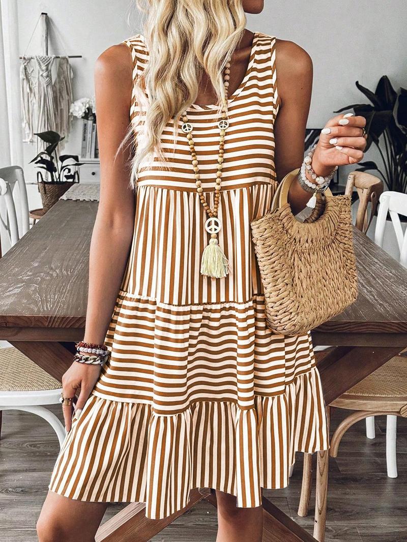 Women's Striped Print Ruffle Hem Tank Dress Sleeveless Short Dress for Summer, Ladies Boho Chic Dress Clothes for Daily Wear
