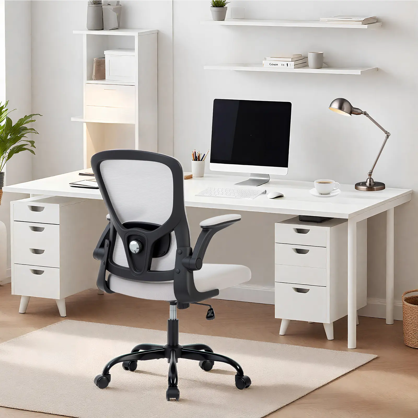 Minimalist Single Seat Executive Chair - Ergonomic Mesh Back Office Chair with Adjustable Lumbar Support, Flip-Up Armrests, Swivel Rolling Base, Ideal for Home Office & Study