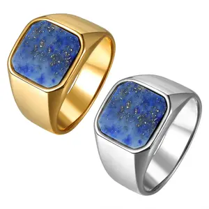 Men's Simple Lapis Lazuli Signet Ring Stainless Steel Fade-Resistant Band Jewelry