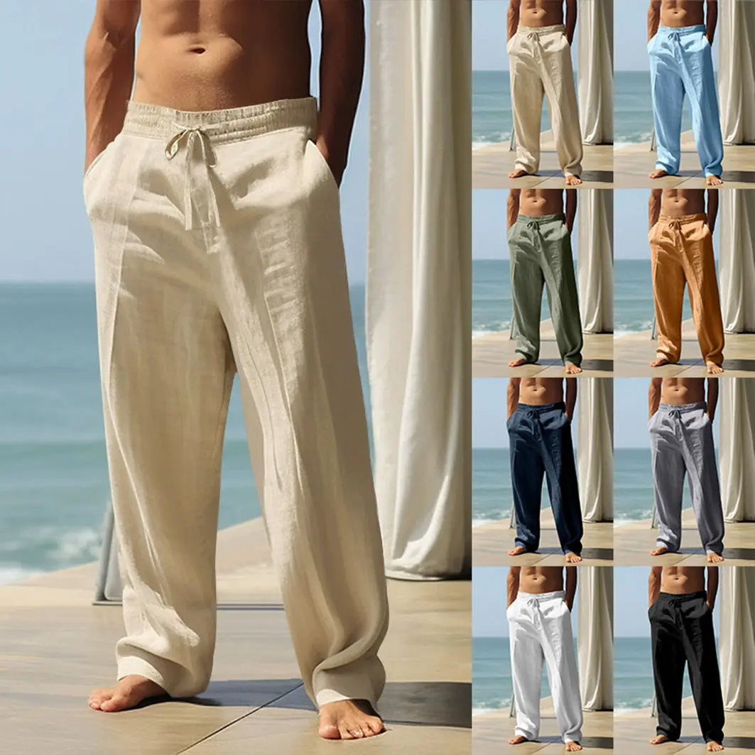 Men's Casual Cotton-Linen Drawstring Pants, Lightweight Relaxed Fit Wide Leg Design with Pockets for Beach and Vacation Wear, Fabric, Menswear
