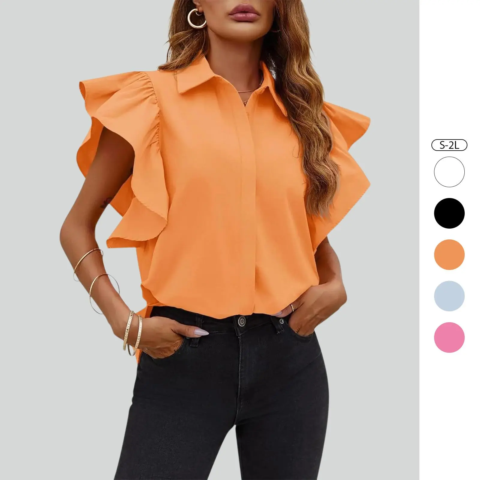 Imily Bela Womens Ruffle Button Down Shirts Cute Summer Short Sleeve Tops Blouse