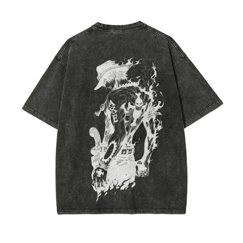 Ace T Shirt Men One Piece Acid Wash Anime Fire Fist Back Graphic Cotton Vintage Streetwear ASCE Tattoo Whitebeard Logo Tee