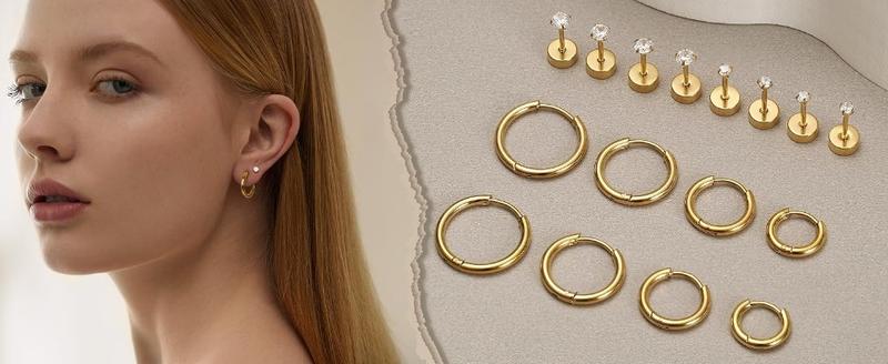 FUNRUN 8 Pairs Stainless Steel Earrings Sets Huggie Hoopearings Hypoallergenic Flat Back Stud Earrings for Women Thick Studs Tragus Piercing Jewelry