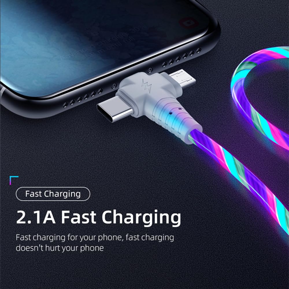 Multi Ports Light-Up USB Cable USBA to USBC/MicroUSB Cable Durable Fast Charging Cable with Visible Current Flow As Night Light Use-3in1 Colorful