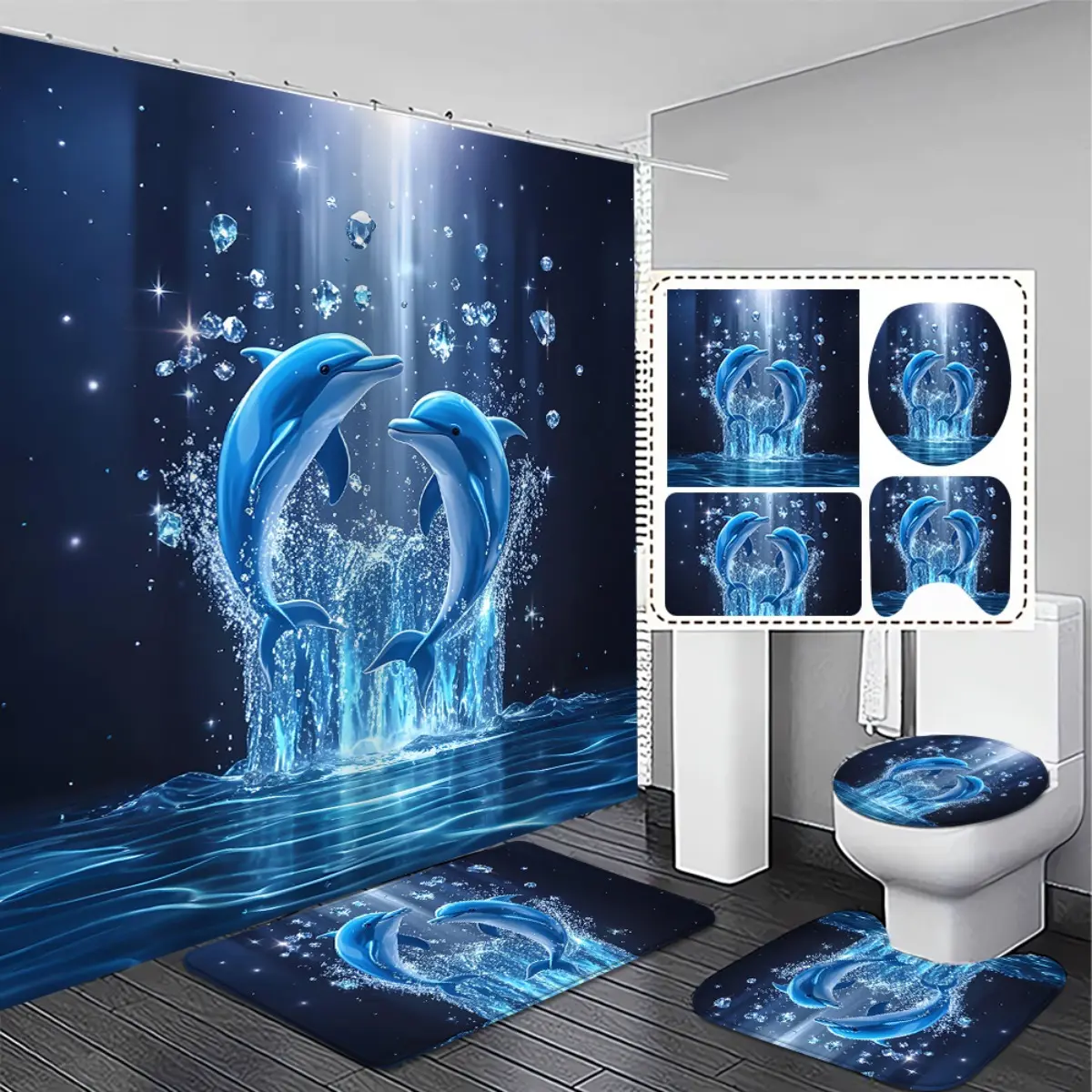 4-Piece bathroom decoration set, blue dolphin print shower curtain with 12 C-shaped hooks, including non-slip floor mats and toilet covers - marine-themed bathroom decoration, exquisite and practical home decoration gifts