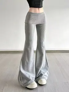 Hemmed Two-Layer Low Waist Micro Flare Pants, Elastic Knit Slim Fit Bell Leg Casual Long Pants, Comfortable and Stylish