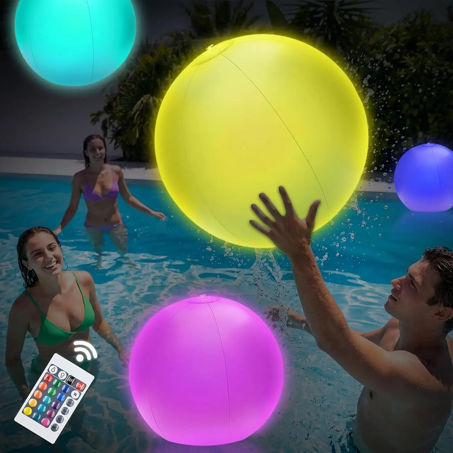Unisex 16" 4-Pack PVC Plastic LED Glow Beach Balls, Remote-Controlled Waterproof Floating Pool Toys with 16 Color Lights, 4 Flash Modes for Pool Parties, Backyard Night Games & Decor