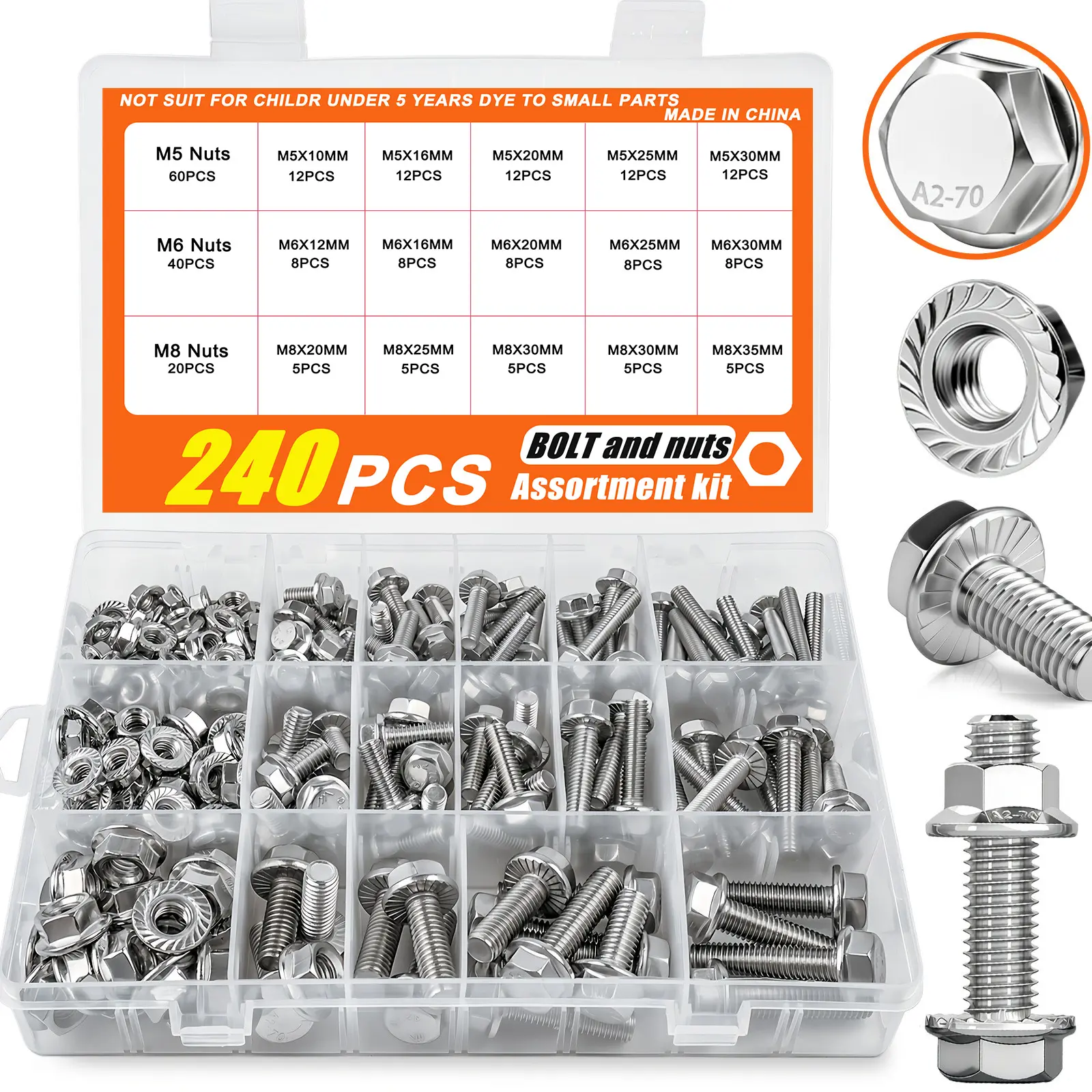 240-piece zinc-plated flange nut and bolt set