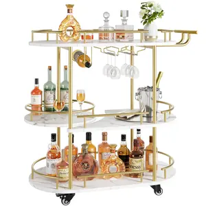4-Tier Rolling Bar Cart with Wine & Glass Storage Rack, Wheeled Metal Serving Trolley for Living Room Kitchen Home Party Bar