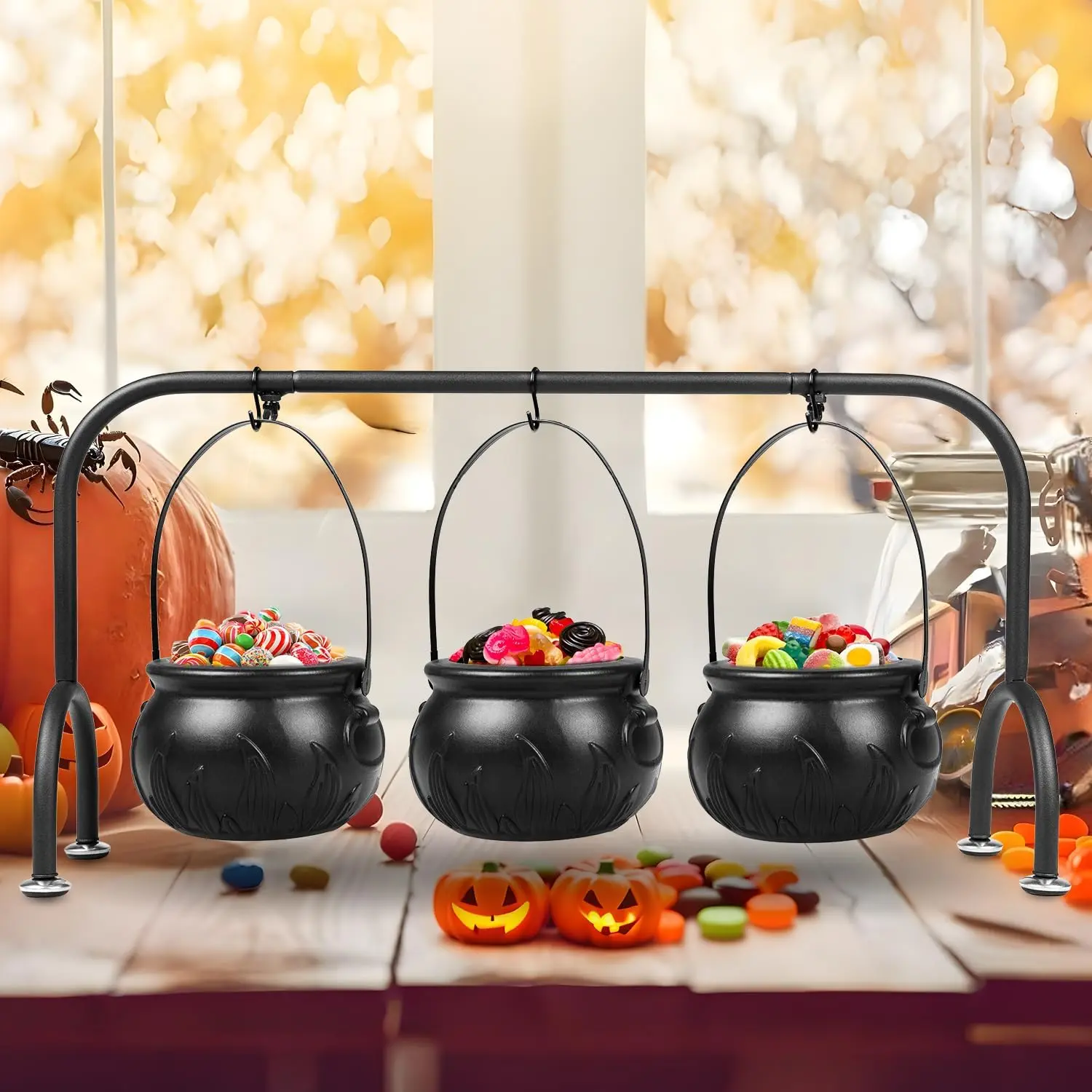 Halloween Party Decorations Indoor,Set of 3 Witches Cauldron Candy Serving Bowls With Rack, Easter Candy for , Halloween Party Supplies,Black Plastic Candy Cauldron for Table Decor