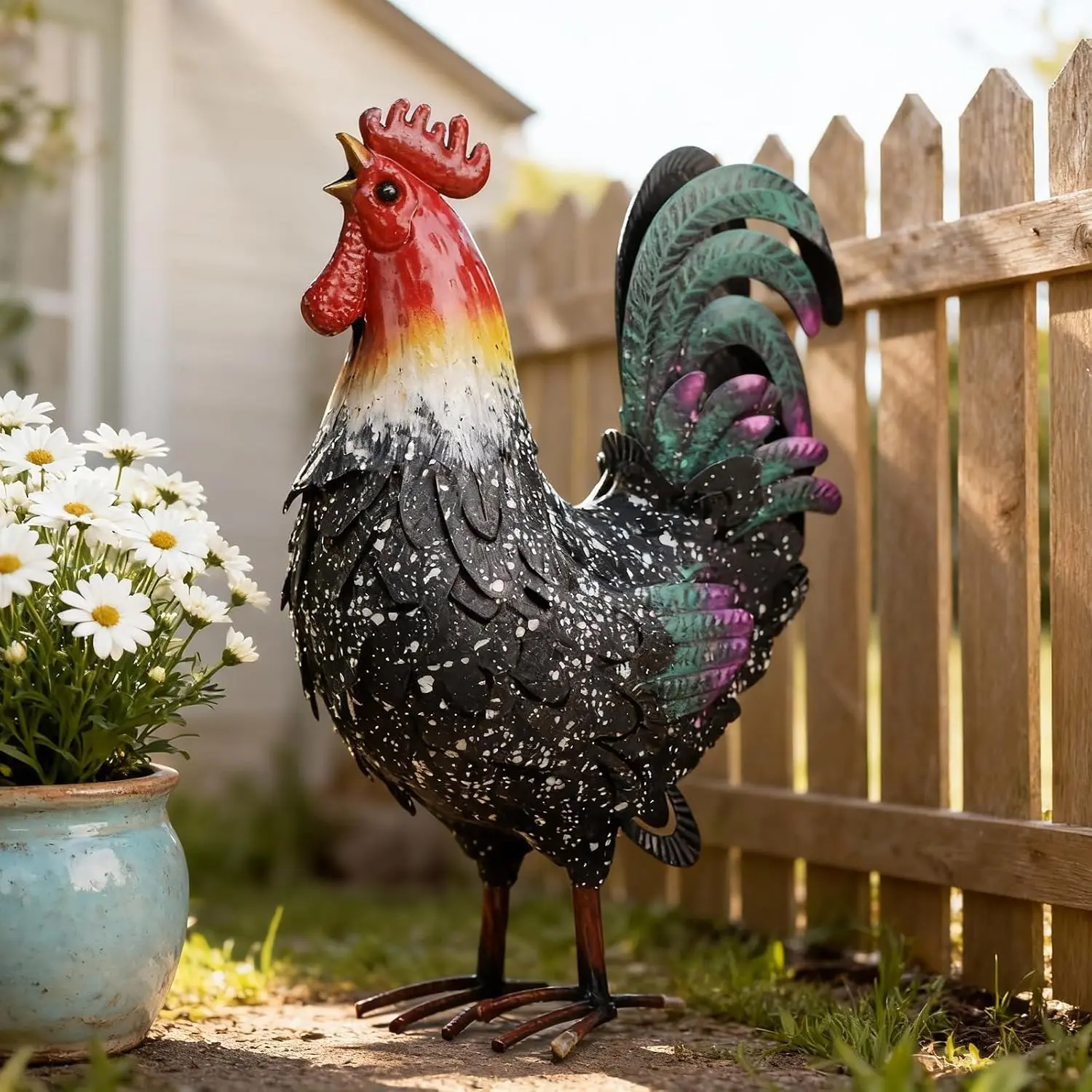 Metal Rooster Statue Chicken Decor, Rustic  Spring Garden Yard Art, Weather Resistant Outdoor Sculpture for Patio Lawn Backyard, Ideal for  Kitchen Decor