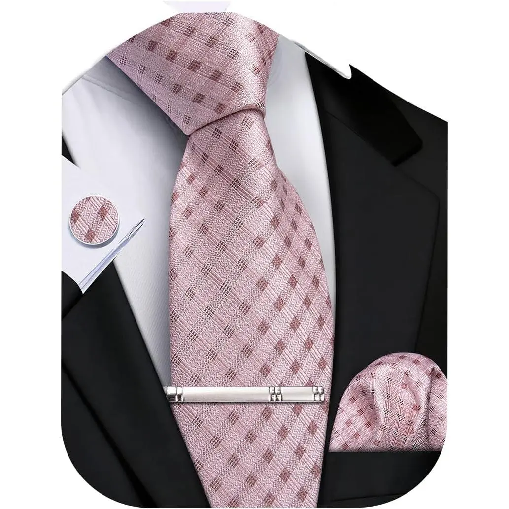 Mens Extra Long Tie 70 inches Necktie and Pocktie Square Cufflinks Set Silk Ties for Big and Tall Men Wedding Party, Light Pink