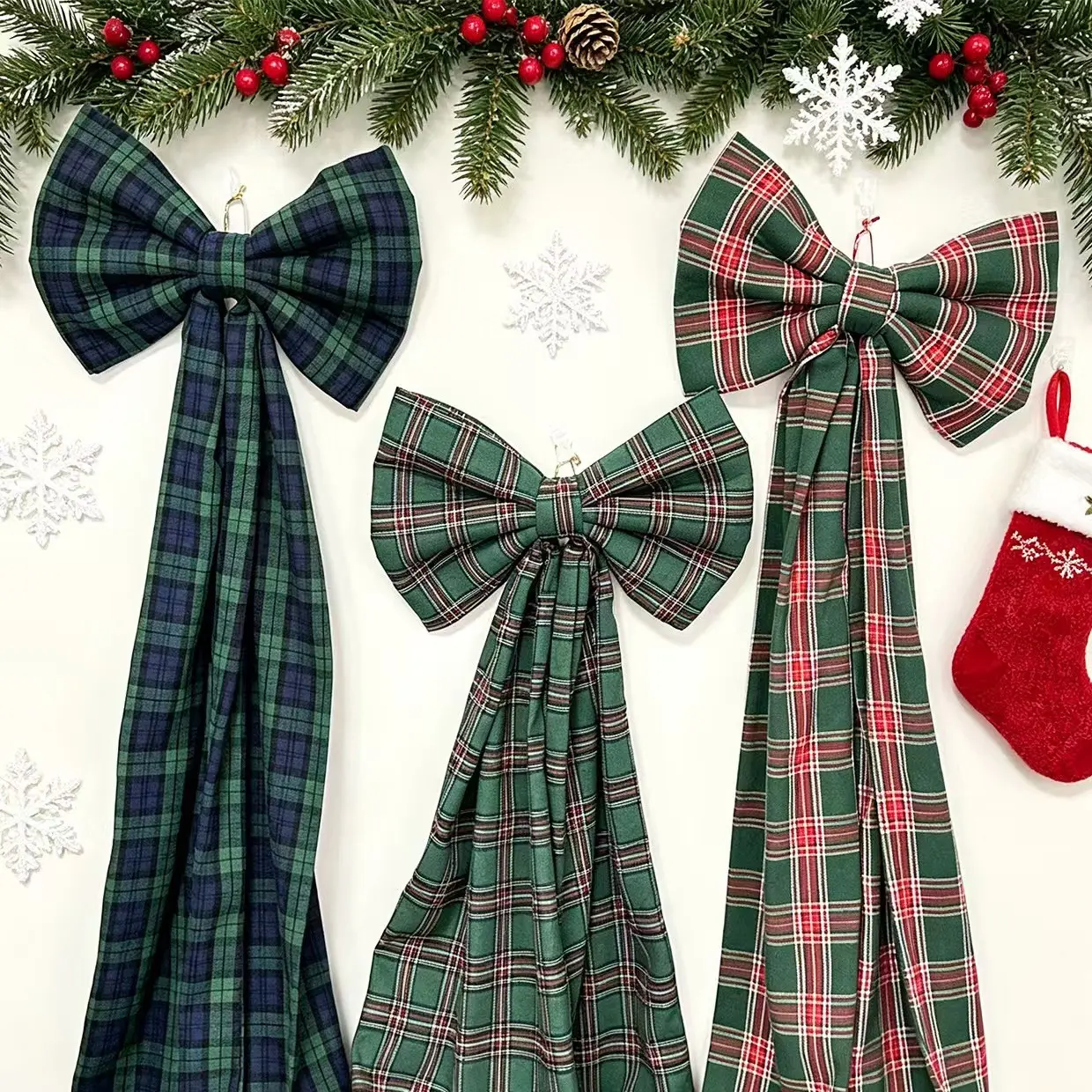 Christmas Plaid Fabric Bow Christmas Tree Ornament, 3D Fabric Butterfly Knot Holiday Decoration, Grid Long Tail Bow Christmas Scene Decor