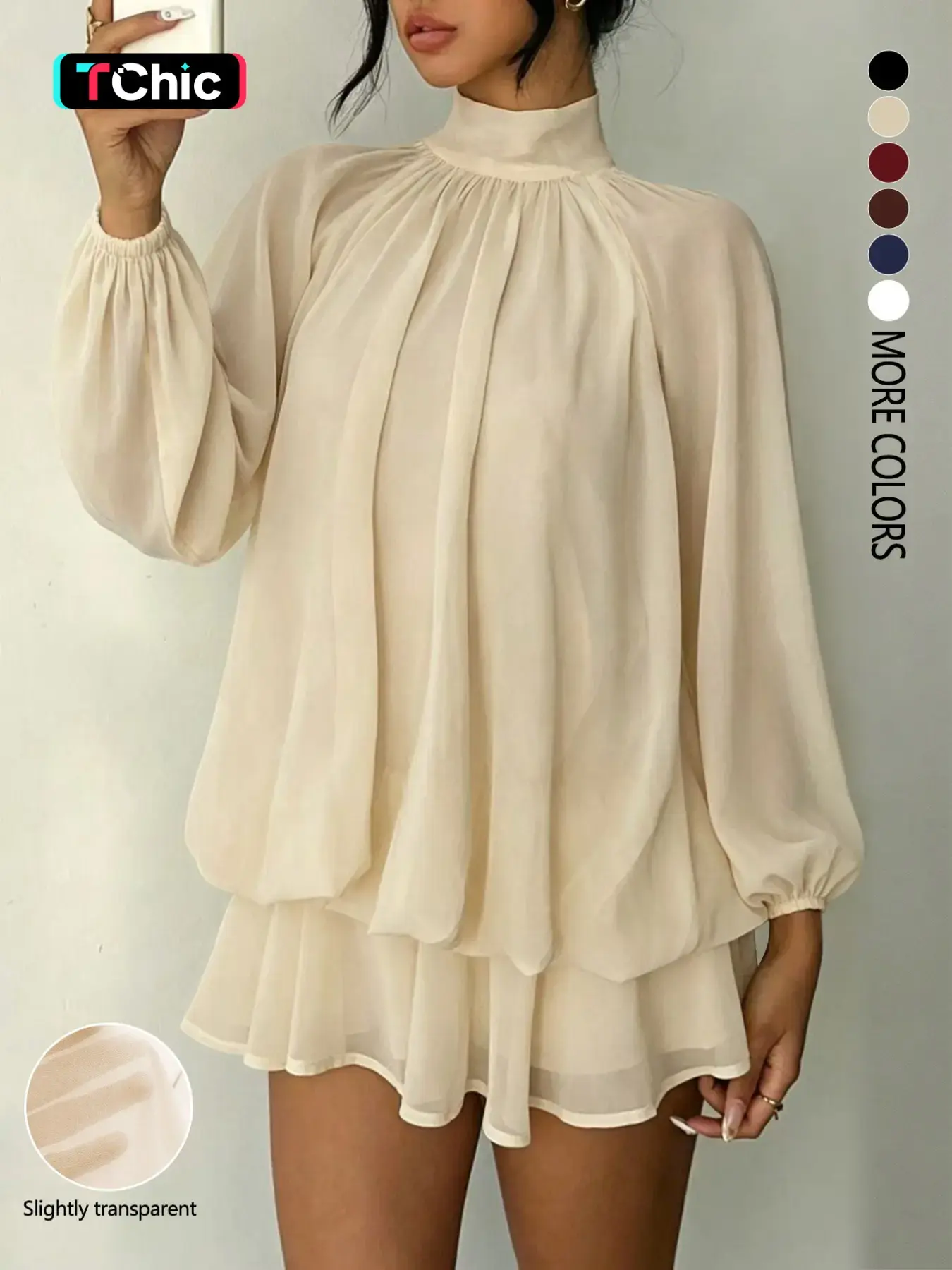 Women's fashionable Elegant solid color long-sleeved dress with ruffled stand collar and pleats, featuring shorts, suitable for everyday outings, dates, parties, and clubs.