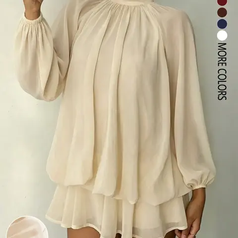 Women's Fashionable Elegant Casual Ruffled Solid Color Long-Sleeved Dress with Pleated Stand Collar, Suitable for Everyday Outings, Dates, Parties and Clubs