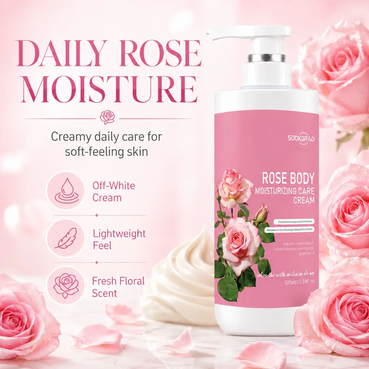 Rose Body Moisturizing Care Cream, rose water, rose essential oil, sodium hyaluronate, grape seed oil, deep hydration, long-lasting moisturization, skin radiance, glow, soothing, calming, smooth,