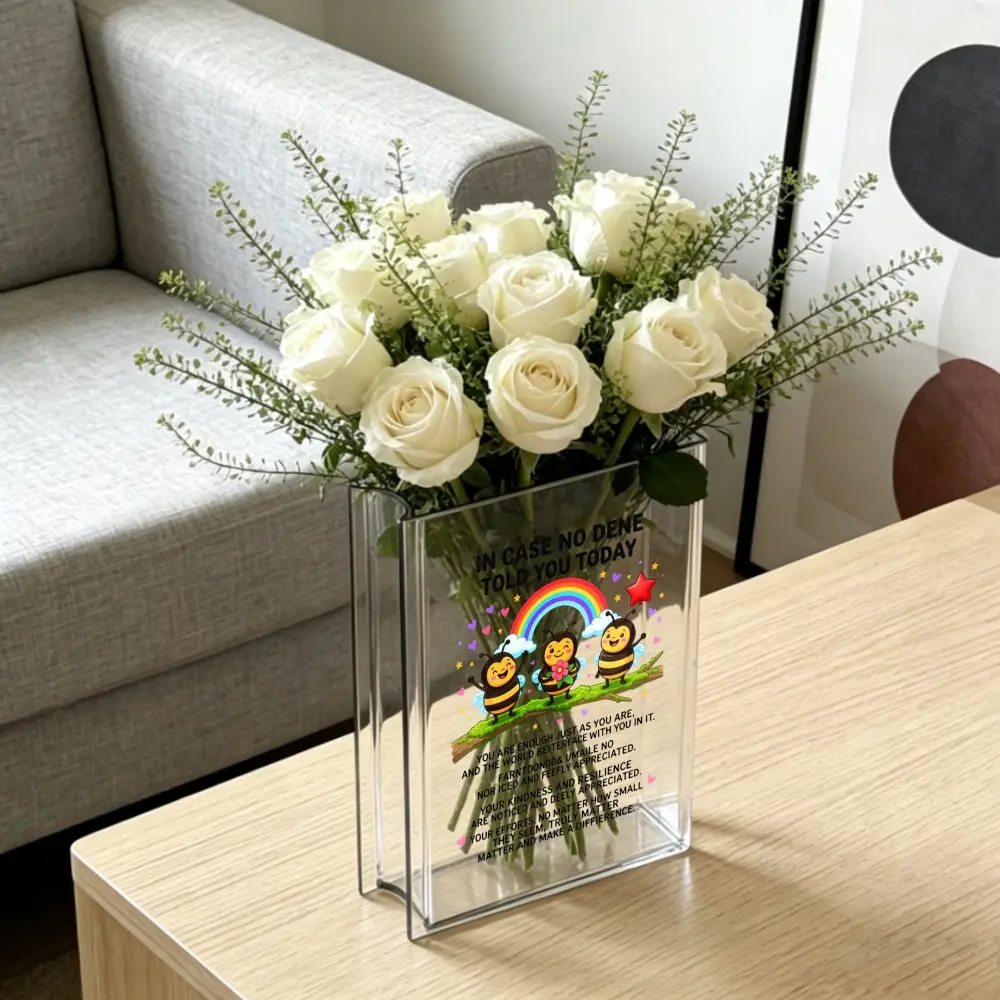 1 Piece Acrylic Rainbow Bees Quote Vase, Cute Cartoon Bee Pattern With Inspirational Text, Transparent Modern Floral Holder For White Roses, Office Home Living Room Decor, Desktop Centerpiece Gift