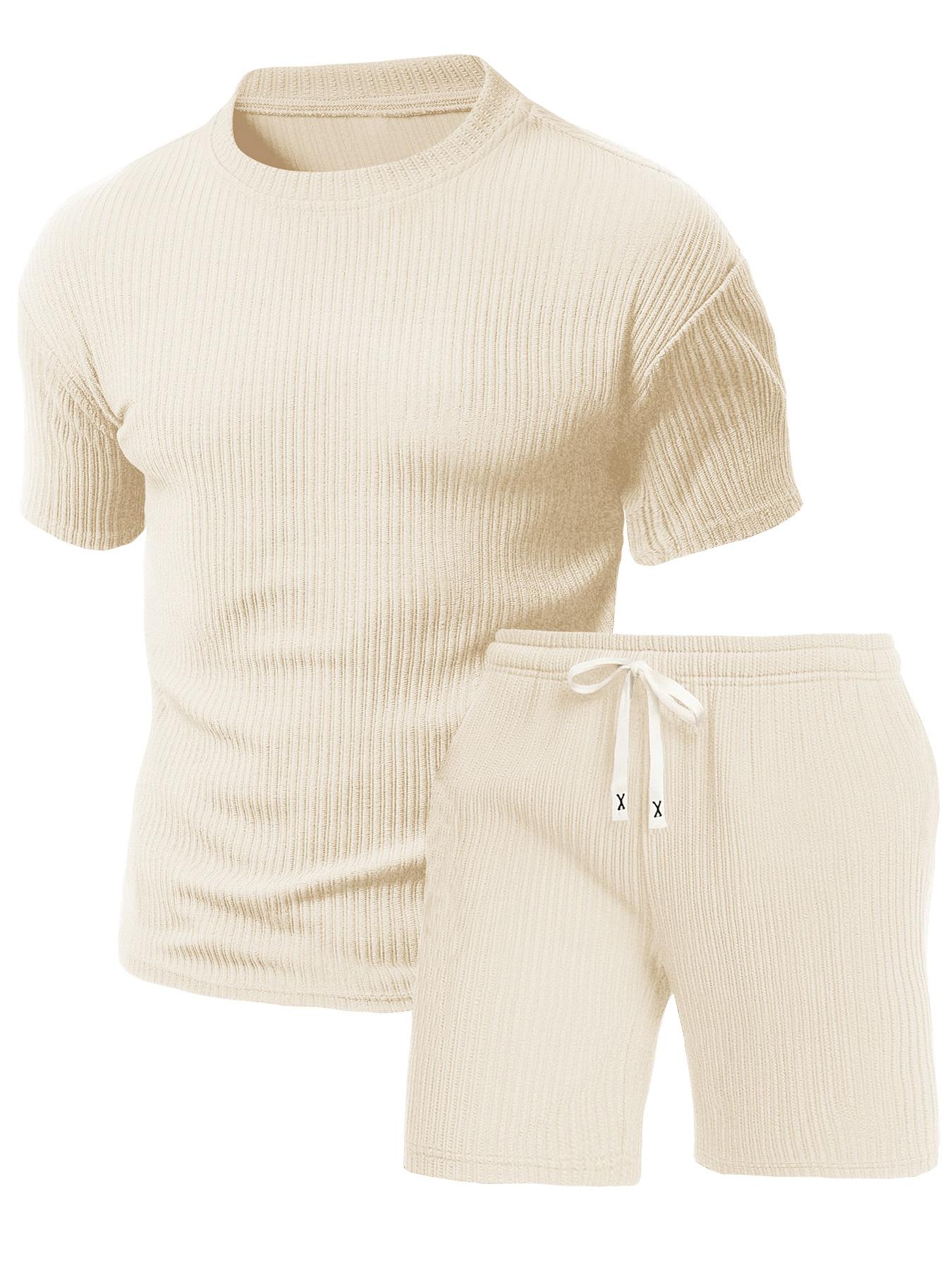 Rib-Knit Texture Co-Ord Set Mens Premium Breathable 2 Piece Outfit with Vertical Rib Weave Detail and Drawstring Elastic Waist Shorts for Casual Daily Wear and Lounge Sessions
