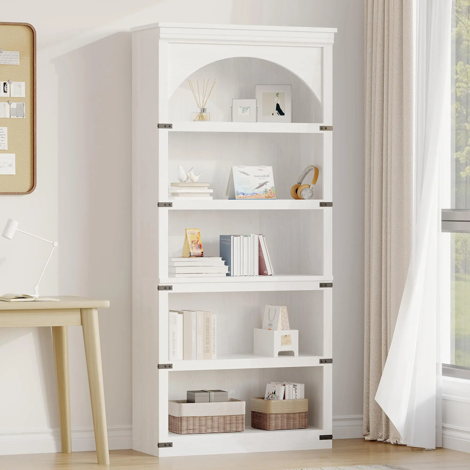 📚 68.7" Rustic Farmhouse Arched Bookcase – 5-Tier Wooden Bookshelf with Curved Arch Design. Perfect for Home Office, Living Room & Library! ✨