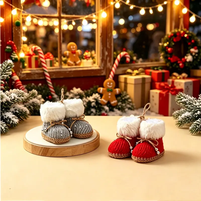 2 creative knitted plush Christmas boot ornaments in a cozy fairy tale style, lightweight, soft, skin-friendly, and easy to hang, suitable for home, guesthouse, and mall window decorations, ideal as a gift or reward for children