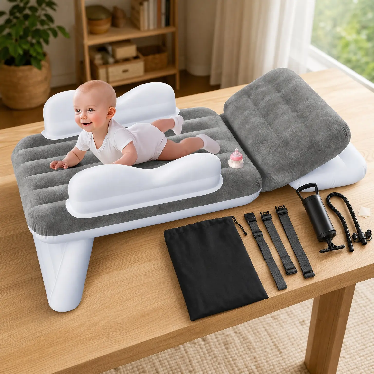 Inflatable Toddler Airplane Bed: Large Airplane Seat Extender for Kids with Cup Holder & Seat Belt - Portable Baby Travel Bed with Travel Bag & Hand Pump(Gift)